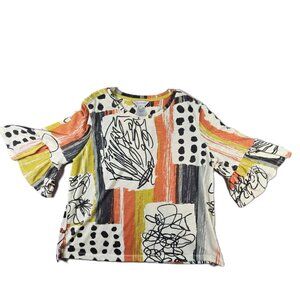Multiples Abstract Artistic‎ Print Bell Sleeve Blouse Geometric Pattern SZ PL
